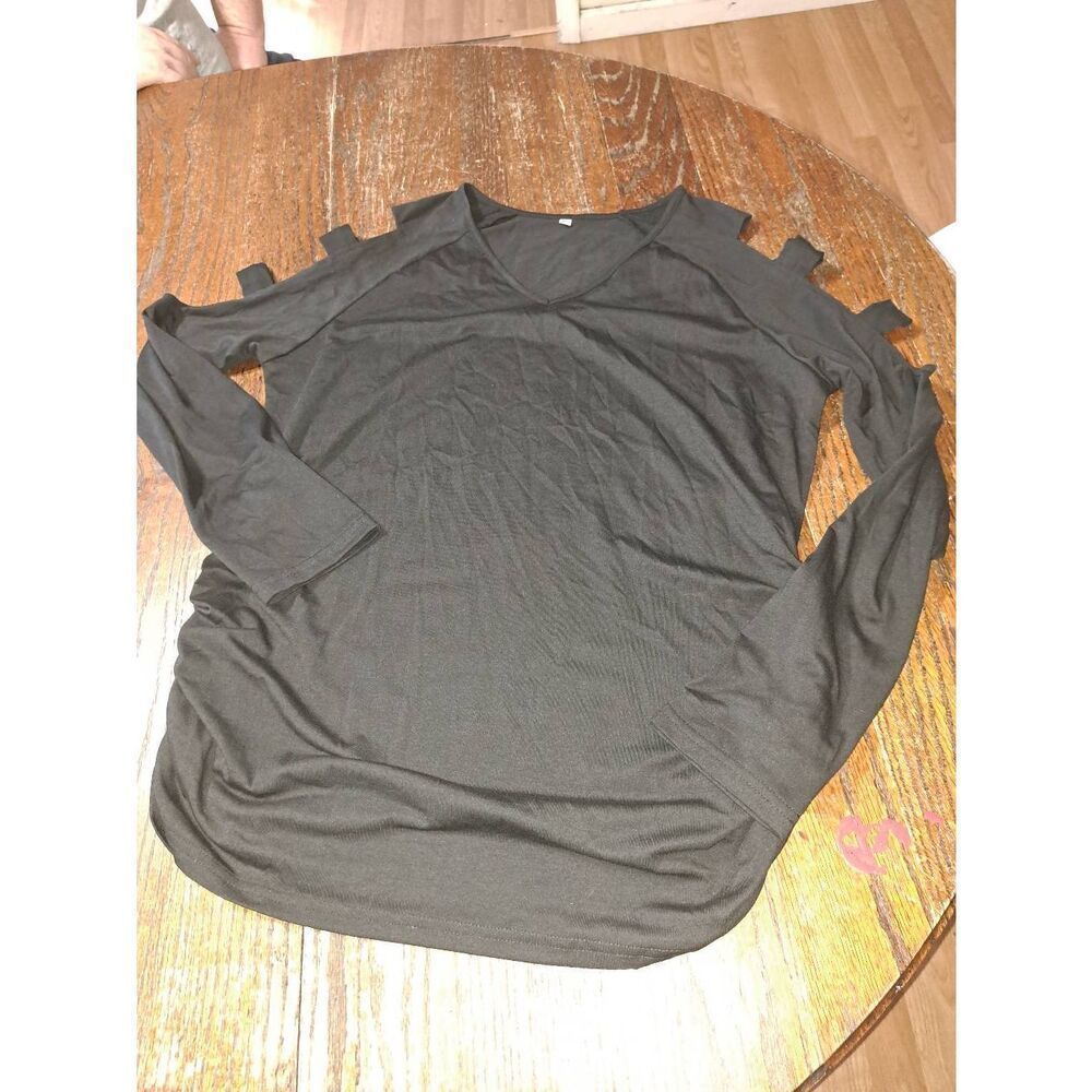 New XL Black Cold Open Shoulder Arm Long Sleeve VNeck Ruched Pullover Shirt Top